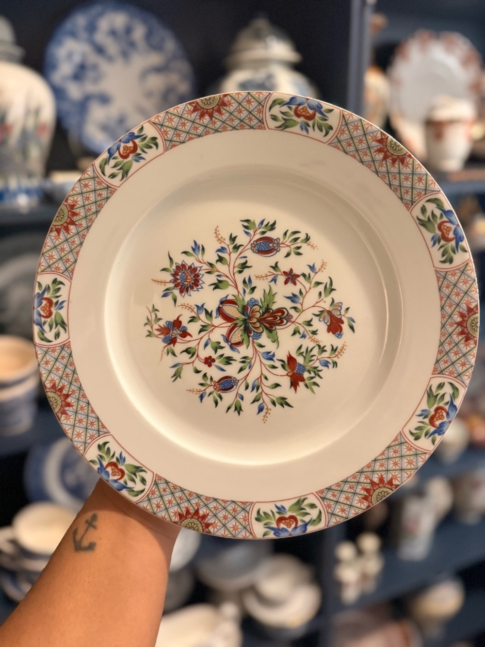 Limoges White Dinner Plate with Red, Blue, and Green Floral Motif